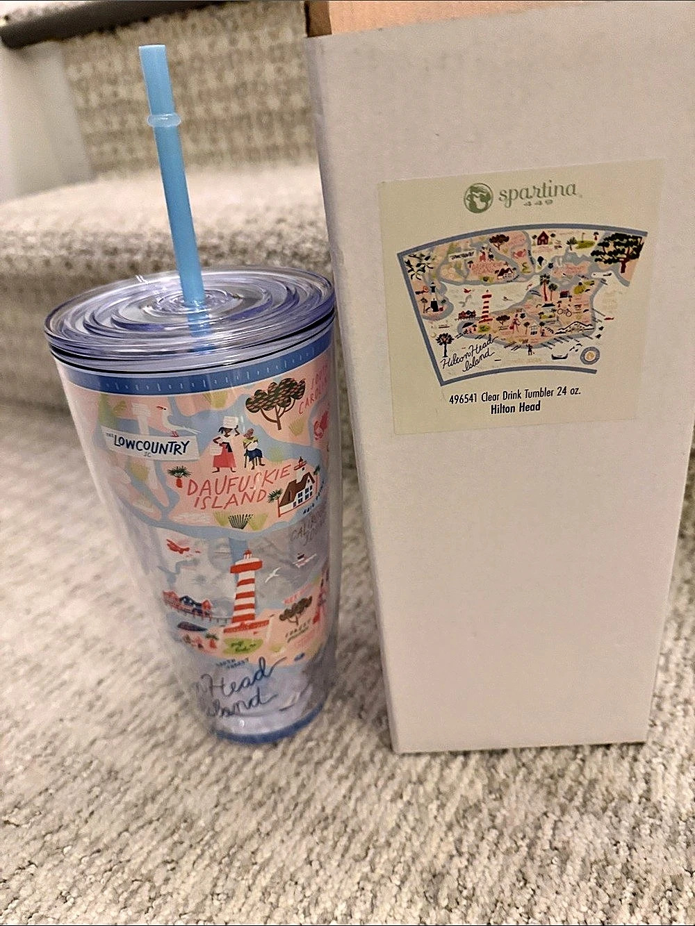 Spartina 449 Hilton Head Clear Drink Tumbler 24 oz with Straw Blue